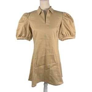 Tuckernuck Hyacinth House Tan Puff Sleeve Mini Dress XL Cotton Stretch Zip Front